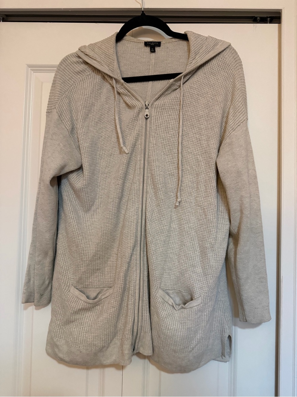 Talbots Cream Waffle Knit Zippered Front Cardigan